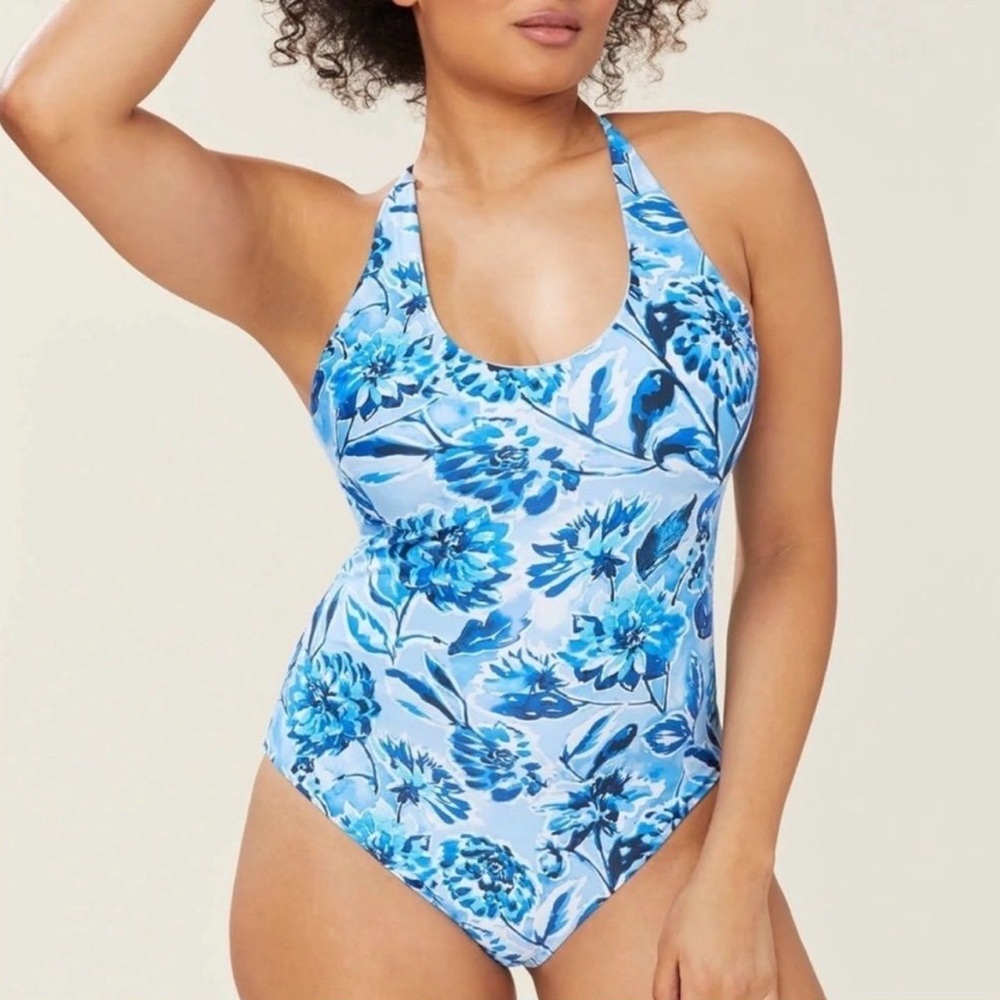 Andie Swim  The Baia One piece swimsuit Blue Floral size L NWT